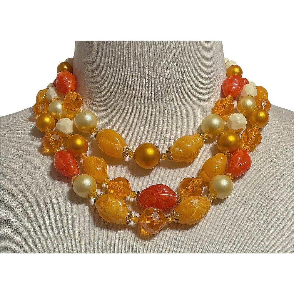 1960s Germany Orange & Cream 3 Strand Beaded Choker Necklace Vintage Mod - Picture 5 of 5
